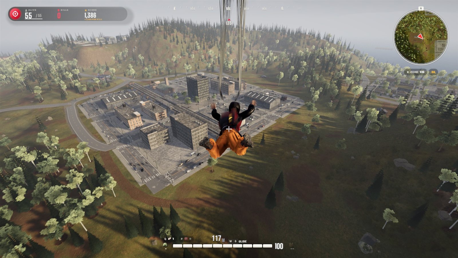 A skydiver in free fall high above the island