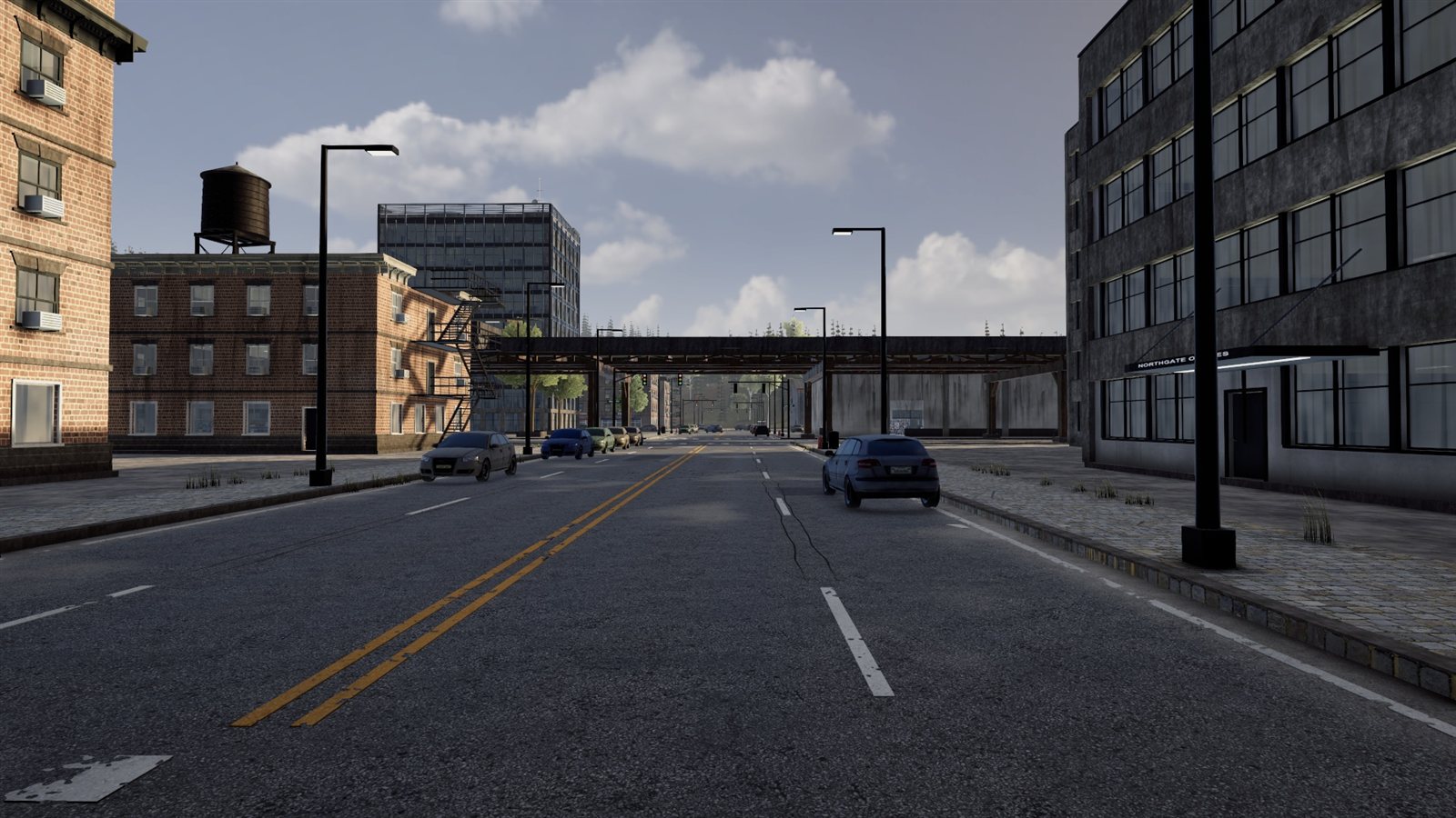 A wide avenue in Ironside under afternoon light