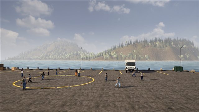 Players waiting on the pier, the island across the water