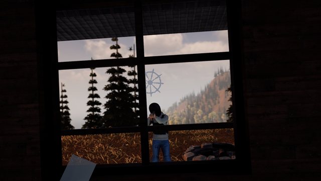A player aiming through a window
